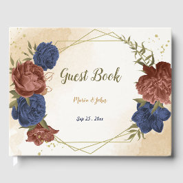 テラコッタ海軍ブルー結婚フローラ ゲストブック
