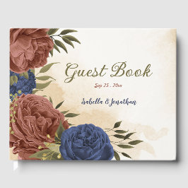 テラコッタ海軍ブルー結婚フローラ ゲストブック