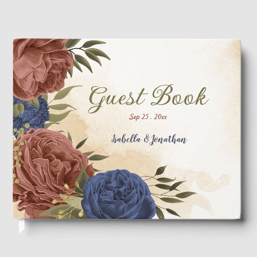 テラコッタ海軍ブルー結婚フローラ ゲストブック (正面)