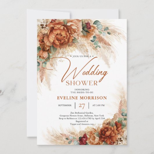 テラコッタ焼きオレンジパンパスパームウェディングシャワー 招待状 (正面)