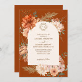 テラコッタ焼けオレンジフローラ秋の結婚式 招待状 (正面/裏面)