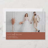 テラコッタ燃えたオレンジ色の写真結婚の写真 サンキューカード (正面)