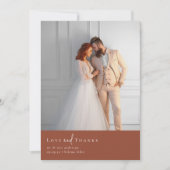 テラコッタ燃えたオレンジ色の写真結婚の写真 サンキューカード (正面)