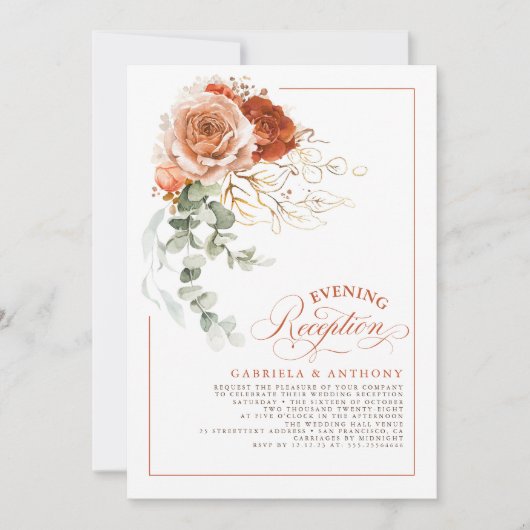 テラコッタ燃えたオレンジ色の花の結婚披露宴 招待状 (正面)