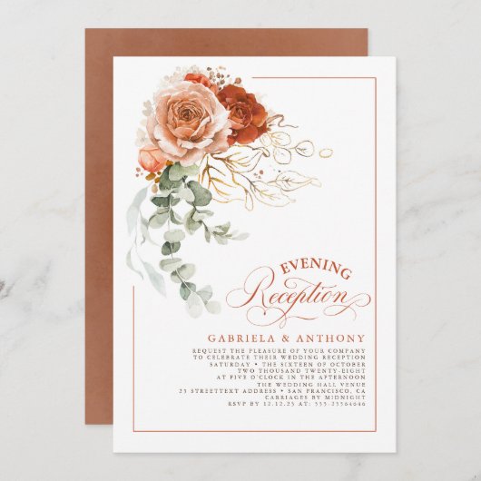 テラコッタ燃えたオレンジ色の花の結婚披露宴 招待状 (正面/裏面)
