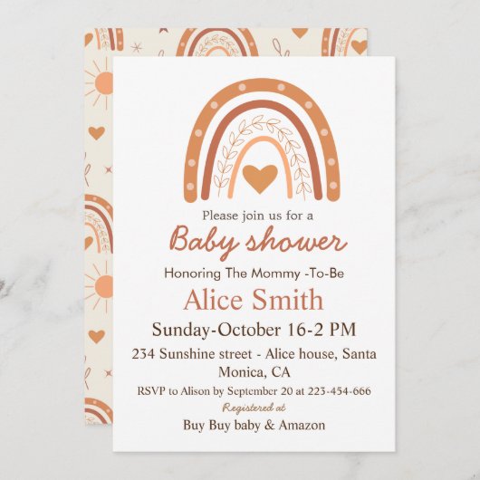 テラコッタ男女兼用ボホ虹の赤ちゃんシャワー 招待状 (正面/裏面)
