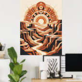テラコッタ砂漠の渓谷 レトロな太陽の光景 景観アート ポスター (ホームオフィス)