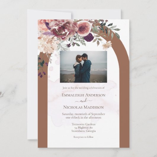 テラコッタ秋のフローラと写真結婚付き 招待状 (正面)