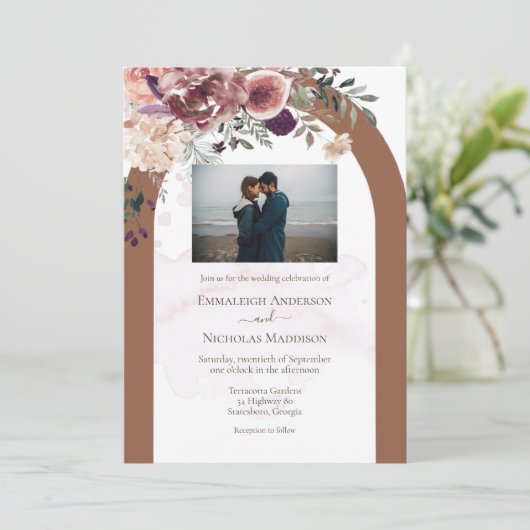 テラコッタ秋のフローラと写真結婚付き 招待状 (スタンド正面)