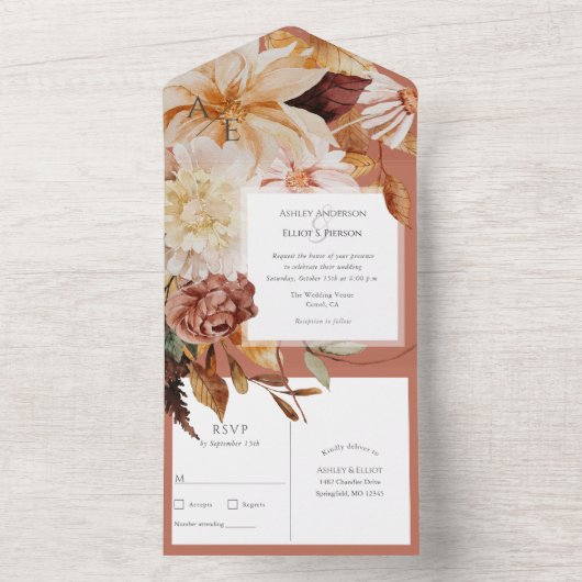 テラコッタ秋エレガント、秋の結婚式 オールインワン招待状 (内側)