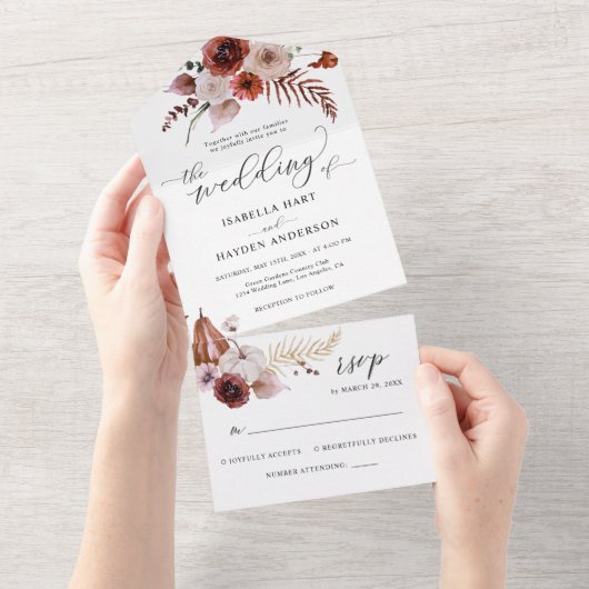 テラコッタ秋パンプキンズボホ結婚の詳細RSVP オールインワン招待状 (貼ってはがせる)