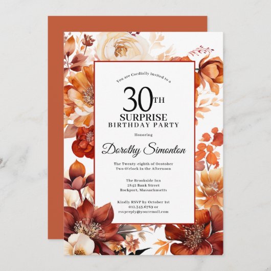 テラコッタ秋フラワーズ30thサプライズ誕生日 招待状 (正面/裏面)