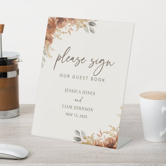 テラコッタ秋フローラボホ結婚ズゲストブックサイン 台座サイン (インサイチュ)