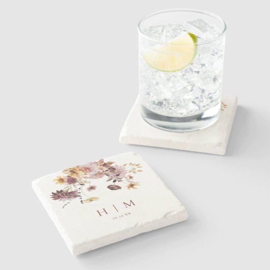 テラコッタ秋フローラモノグラム結婚ズ ストーンコースター (横)