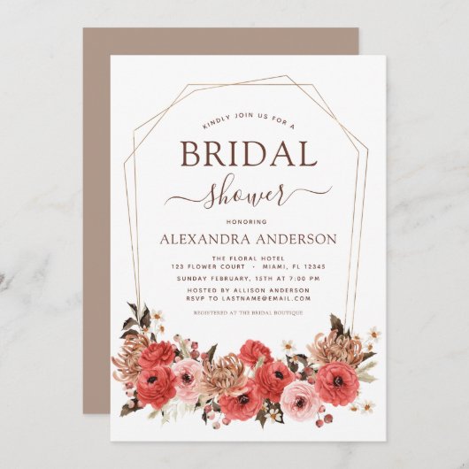 テラコッタ秋ブライダルシャワーフローラオータムインヴィータ 招待状 (正面/裏面)