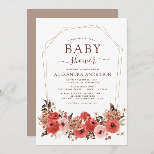 テラコッタ秋ベビーシャワーフローラ 招待状 (正面/裏面)
