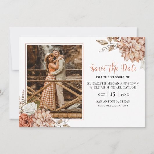 テラコッタ秋ボホフローラ写真保存する日付 招待状 (正面)