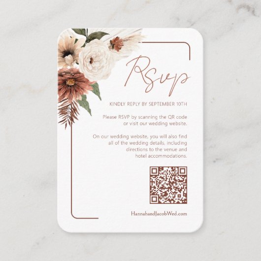 テラコッタ秋モダンフローラQRコードRSVP エンクロージャーカード (正面)