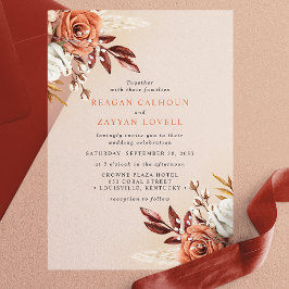 テラコッタ素朴の花とパンパスグラス結婚ズ ベラム紙招待状