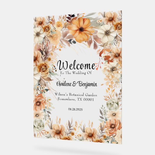 テラコッタ素朴フローラアー結婚チズウェルカム アクリルサイン (傾斜)