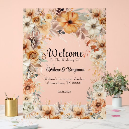 テラコッタ素朴フローラアー結婚チズウェルカム アクリルサイン (ウェディング)