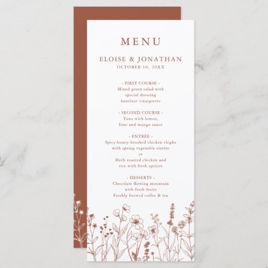 テラコッタ素朴フローラ秋ワイルドフラワー結婚ズ メニュー (正面/裏面)