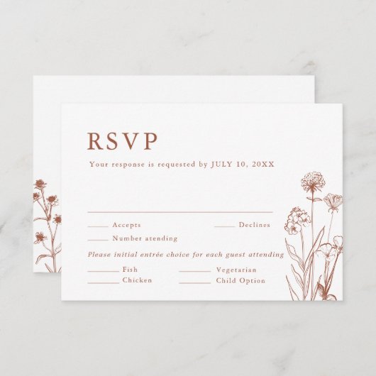 テラコッタ素朴フローラ秋ワイルドフラワー結婚ズ 出欠カード (正面/裏面)