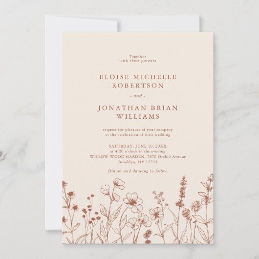 テラコッタ素朴フローラ秋ワイルドフラワー結婚ズ 招待状 (正面)