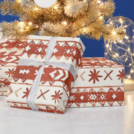 テラコッタ素朴ホリデーパターンクリスマス ラッピングペーパー (クリスマス)