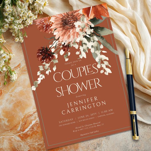 テラコッタ素朴ラストフラワーズカップルシャワー 招待状