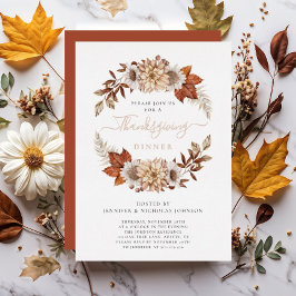 テラコッタ素朴秋フローラ感謝祭金ゴールド 箔招待状