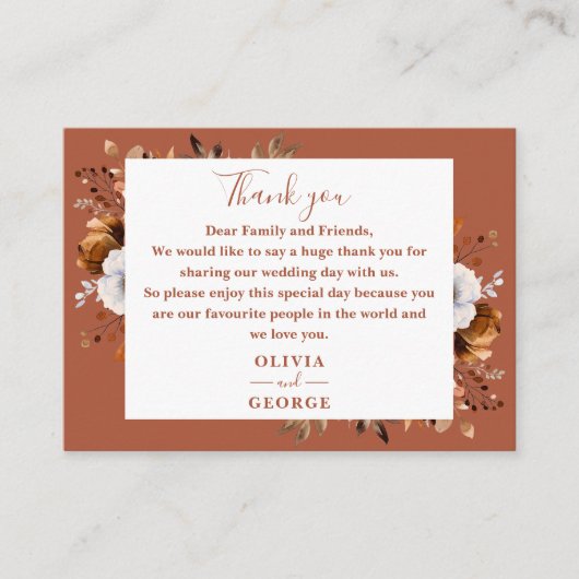 テラコッタ素朴秋フローラ結婚ズサンキュー プレイスカード (正面)