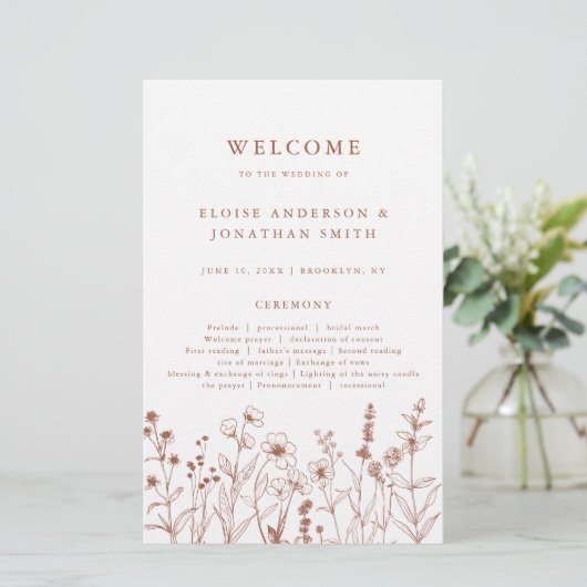 テラコッタ素朴秋ワイルドフラワー結婚式 プログラム (スタンド正面)