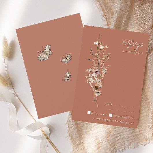 テラコッタ素朴秋秋ワイルドフラワー結婚ズ 出欠カード