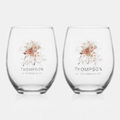 テラコッタ素朴花模様ミセス・ネーム・デイト結婚ズ ステムなしワイングラス (正面)