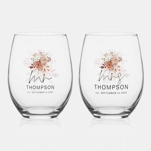 テラコッタ素朴花模様ミセス・ネーム・デイト結婚ズ ステムなしワイングラス (正面)