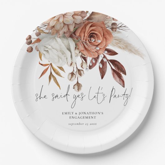 テラコッタ素朴花模様彼女が言ったYes婚約 ペーパープレート (正面)