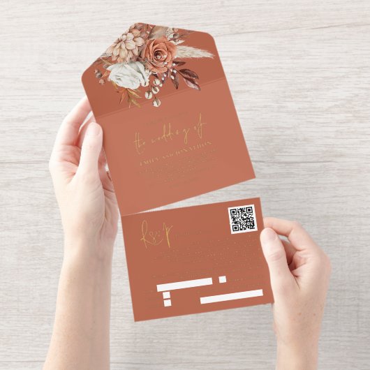 テラコッタ素朴花模様秋の結婚式フォイル オールインワン招待状 (切り取り部)