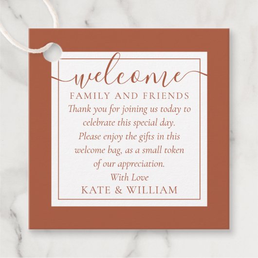 テラコッタ結婚のウェルカムギフトバスケットバッグ フェイバータグ (正面)