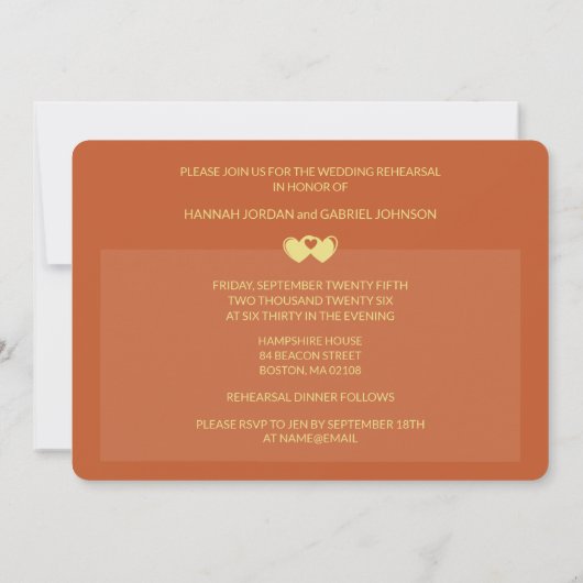 テラコッタ結婚のリハーサルとディナー招待状 招待状 (裏面)