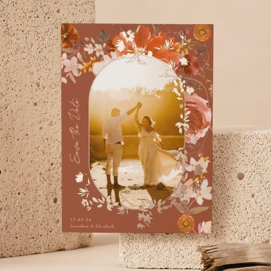 テラコッタ結婚フローラのバラ写真 箔招待状