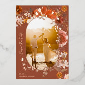 テラコッタ結婚フローラのバラ写真 箔招待状 (正面)