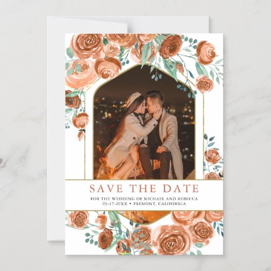 テラコッタ結婚フローラの写真日付を保存 マグネット招待状 (正面)