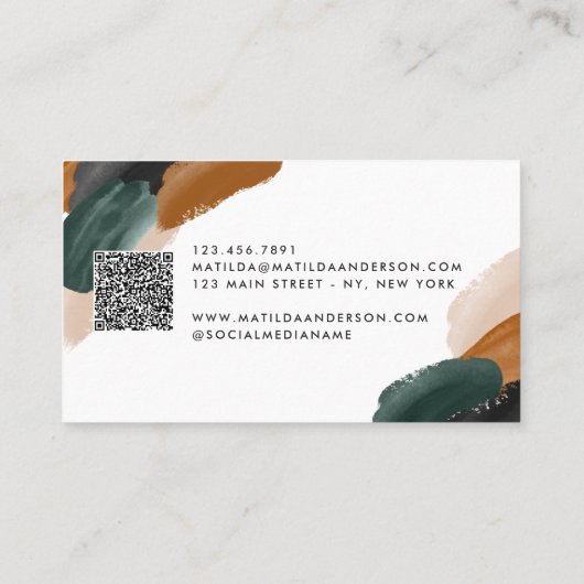 テラコッタ緑の黒い抽象芸術モダンQRコード 名刺 (裏面)