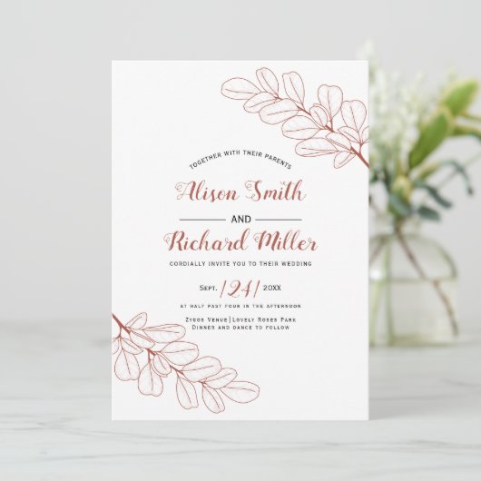 テラコッタ線アートブランチと葉秋の結婚式 招待状 (スタンド正面)