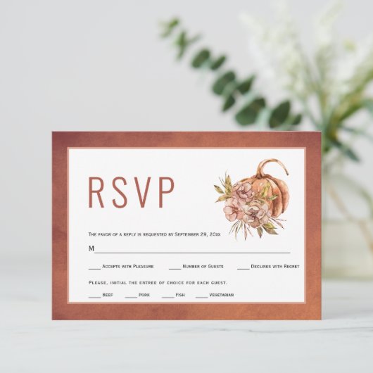テラコッタ花とカボチャ秋の結婚式 出欠カード (スタンド正面)