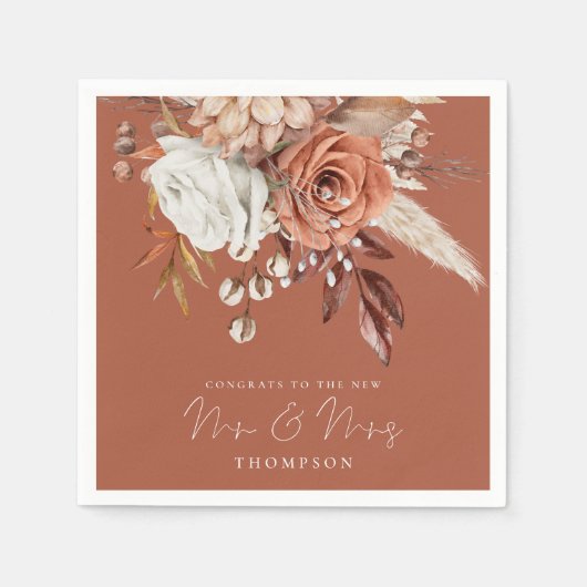 テラコッタ花模様おめでとうミセス・ブラウン結婚ズ スタンダードカクテルナプキン (正面)