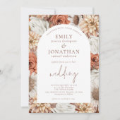 テラコッタ花模様アーチフレームQRコード結婚ズ 招待状 (正面)