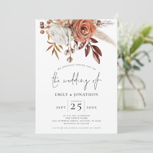 テラコッタ花模様フォトオーバーレイ結婚QRコード 招待状 (スタンド正面)