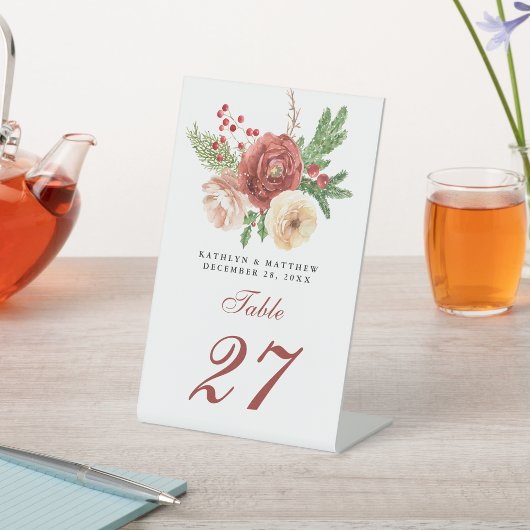 テラコッタ赤面ピンクフローラパインウィンターウェディング 台座サイン